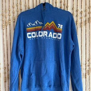 Gorpcore 76 Blue Striped Colorado Mountain Graphic Pullover Long Sleeve Hoodie M